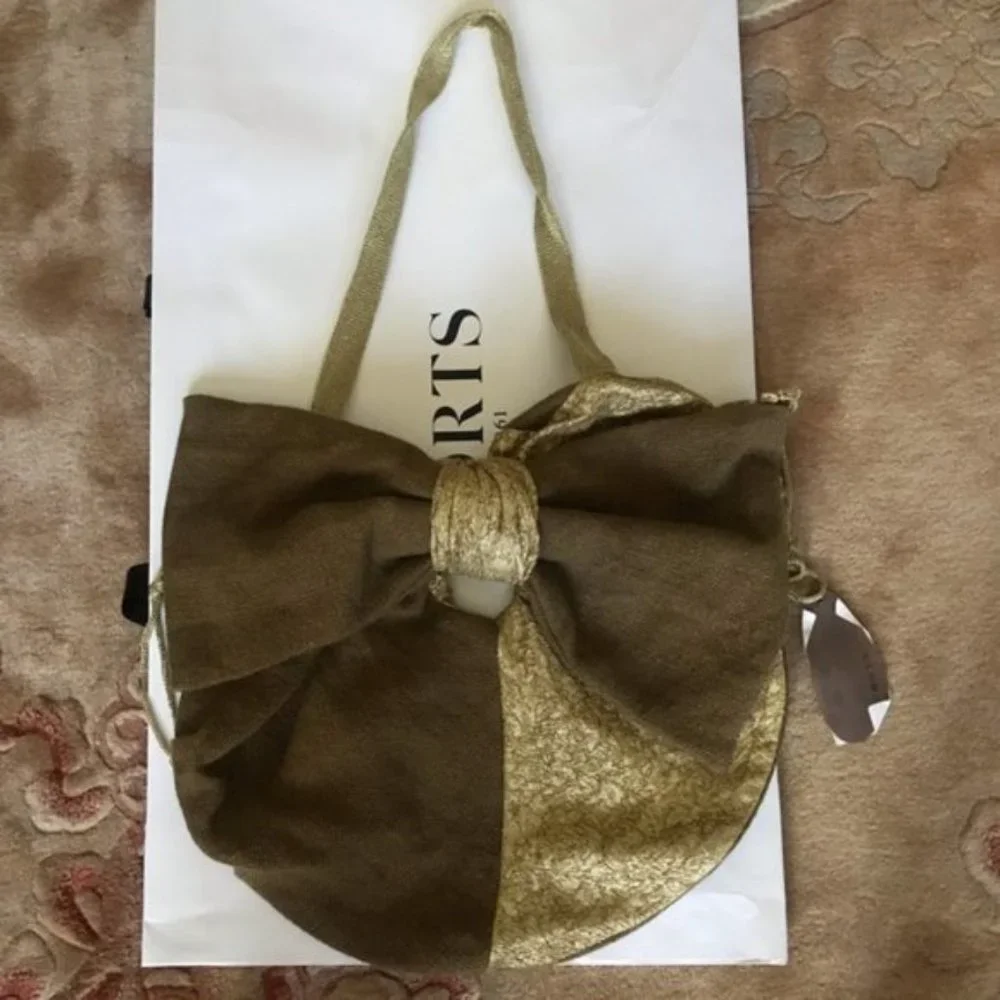 Ports 1961 Large Bow Metallic hemp burlap linen silk shoulder bag